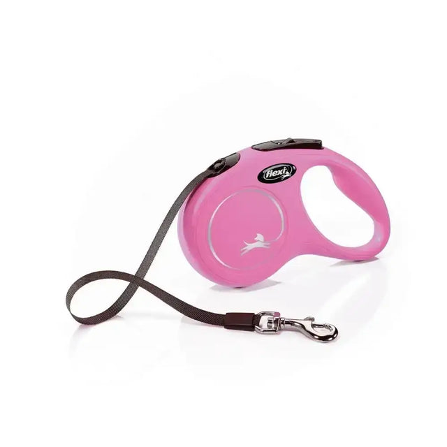 Pink flexi new classic tape pink dog leash with modern ergonomic design and perfected tape guidance black strap silver clasp