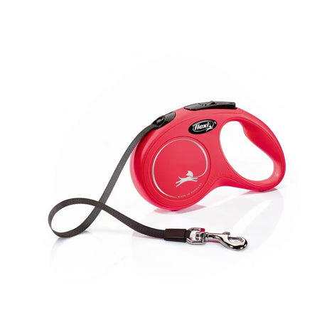 Red flexi new classic tape retractable dog leash with black strap silver clasp featuring modern ergonomic design and perfected tape guidance