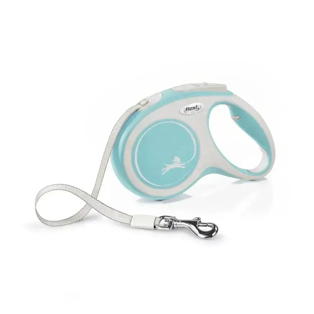 A sleek flexi new comfort tape light blue retractable dog leash with extra robust tape and silver metal clasp