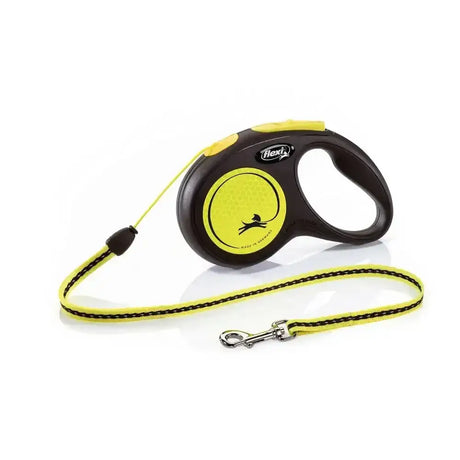 Yellow and black flexi new neon cord yellow retractable dog leash with enhanced visibility and perfected tape guidance