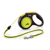 Flexi new neon cord yellow retractable dog leash with bright yellow woven strap and ergonomic handle for enhanced visibility
