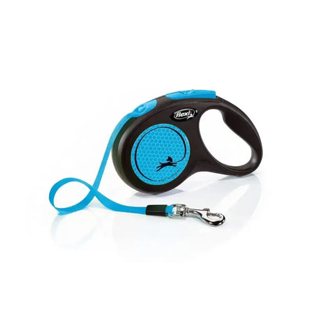 Flexi new neon tape blue retractable lead with blue and black honeycomb handle offers perfected tape guidance and enhanced visibility
