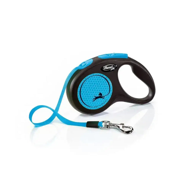 Flexi new neon tape blue retractable lead with blue and black honeycomb handle offers perfected tape guidance and enhanced visibility