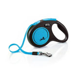 Flexi new neon tape blue retractable lead with blue and black honeycomb handle offers perfected tape guidance and enhanced visibility
