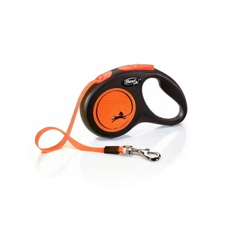 Orange and black flexi new neon tape retractable lead with perfected tape guidance and enhanced visibility design