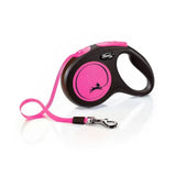 Pink and black flexi new neon tape retractable lead with perfected tape guidance and enhanced visibility metal clip