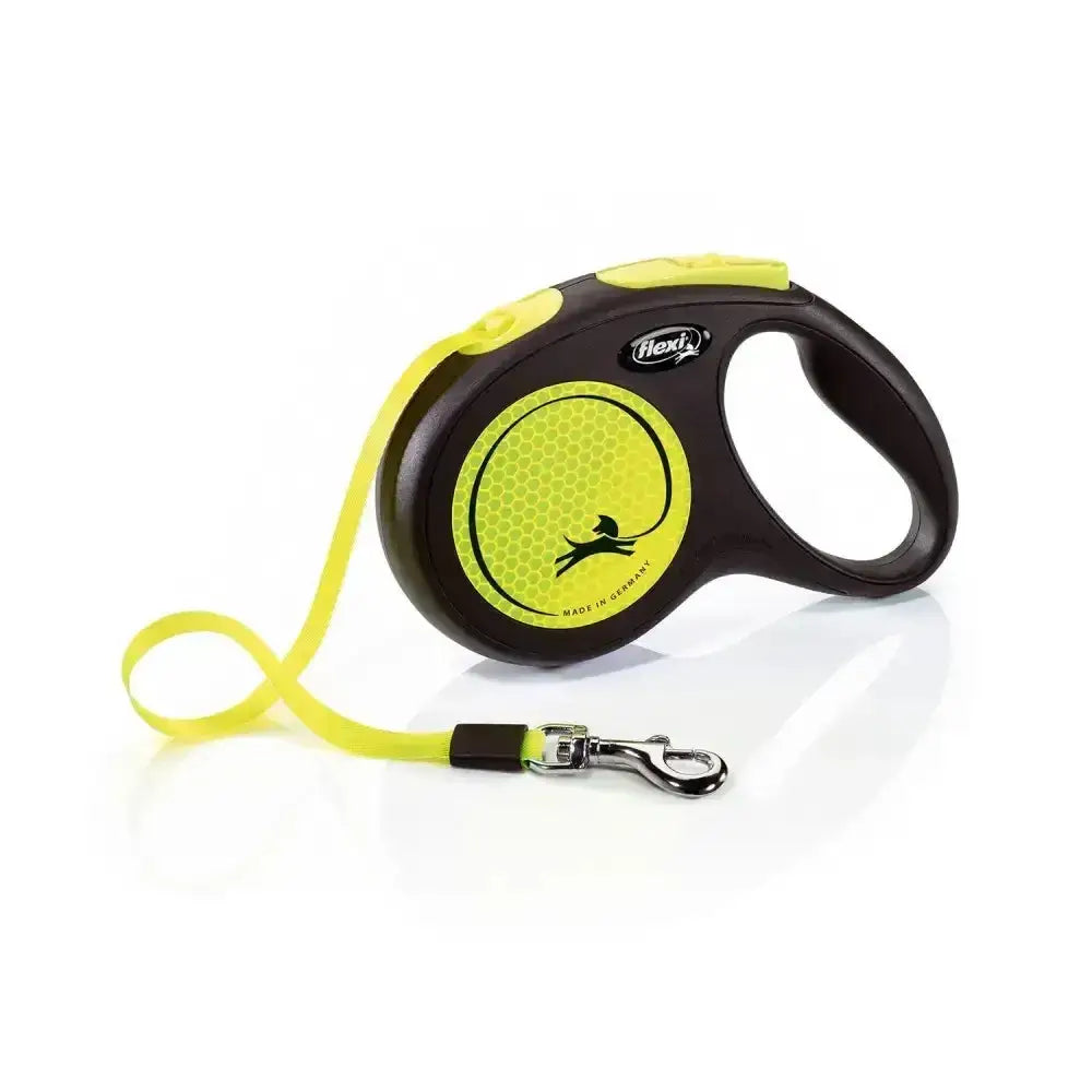 Vibrant lime green and black flexi new neon tape yellow retractable lead with perfected tape guidance and enhanced visibility
