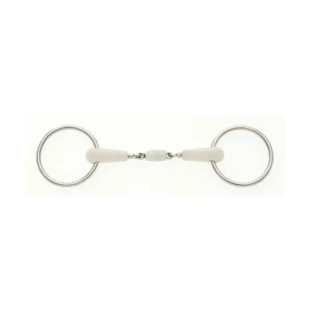 White rubber-nosed flexi peanut joint loose ring snaffle bit with silver metal rings and central joint