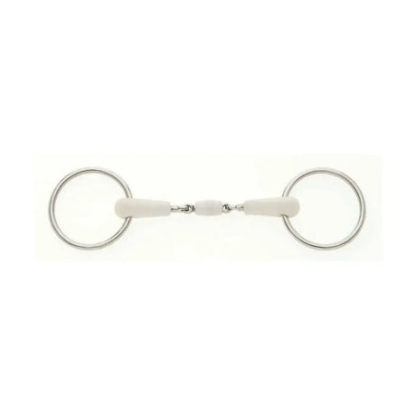 White rubber-nosed flexi peanut joint loose ring snaffle bit with silver metal rings and central joint