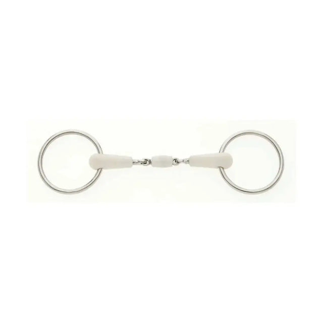 White rubber-nosed flexi peanut joint loose ring snaffle bit with silver metal rings and central joint
