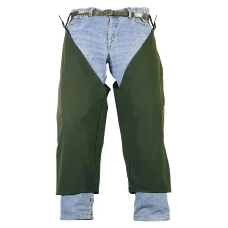 Olive green flexothane classic auckland waterproof leggings worn over light blue denim jeans with a brown belt