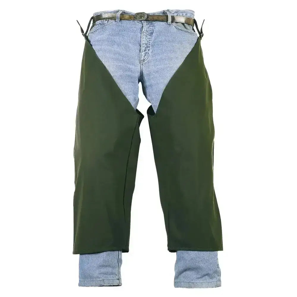 Olive green leather flexothane classic auckland waterproof leggings worn over light blue denim jeans