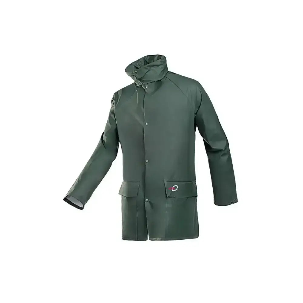 Dark green waterproof flexothane classic dortmund coat with high collar and button closures in olive shade