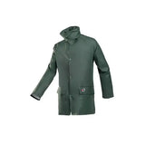 Dark green waterproof flexothane classic dortmund coat with high collar and button closures in olive shade