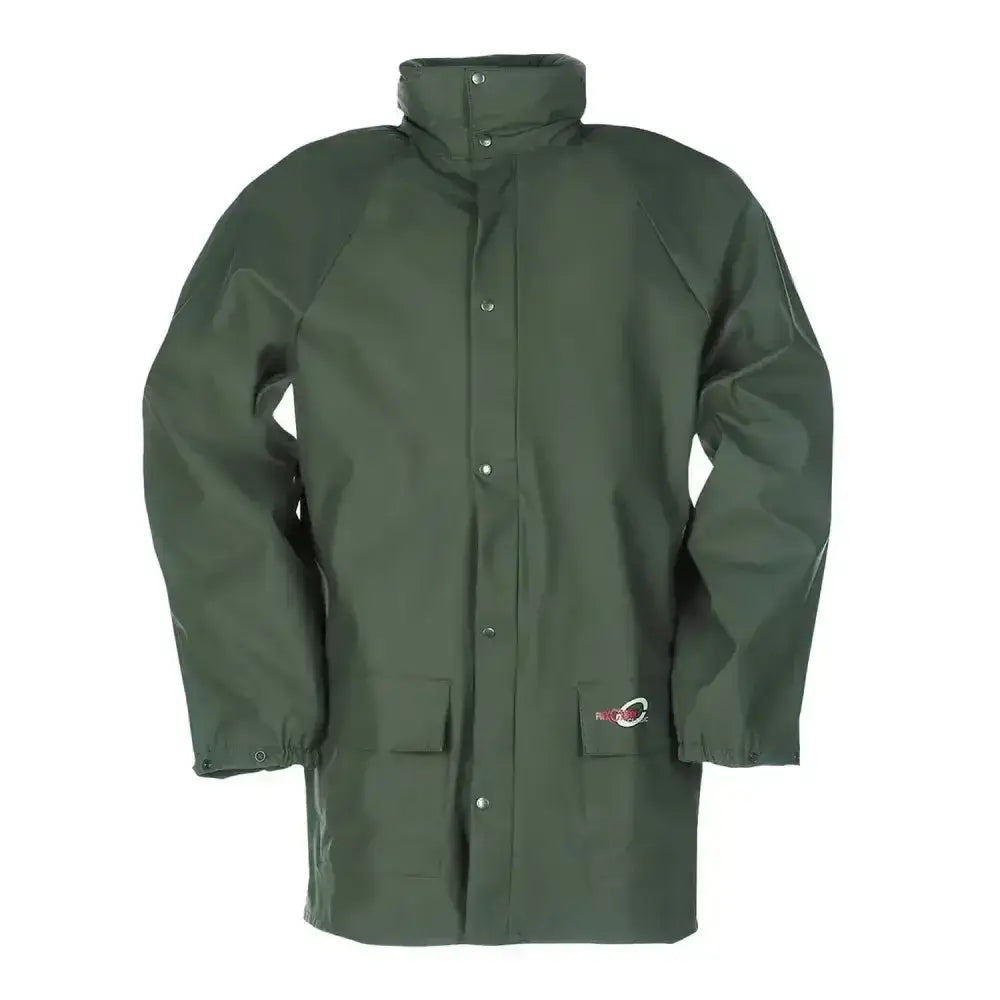 Dark green waterproof flexothane classic dortmund coat with high collar and buttoned front in khaki green