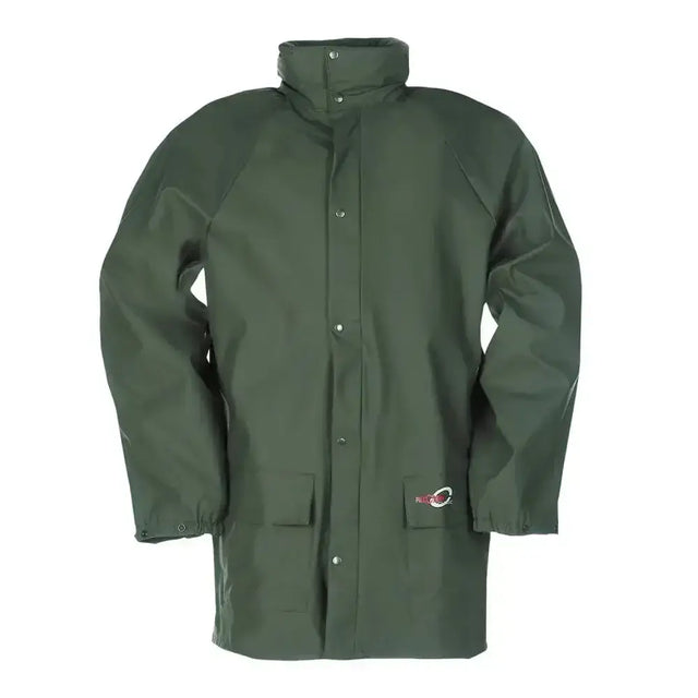 Dark green waterproof flexothane classic dortmund coat with high collar and buttoned front in khaki green