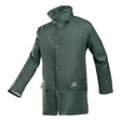 Dark green flexothane classic dortmund coat with high collar front button closure and foldaway hood for wet weather