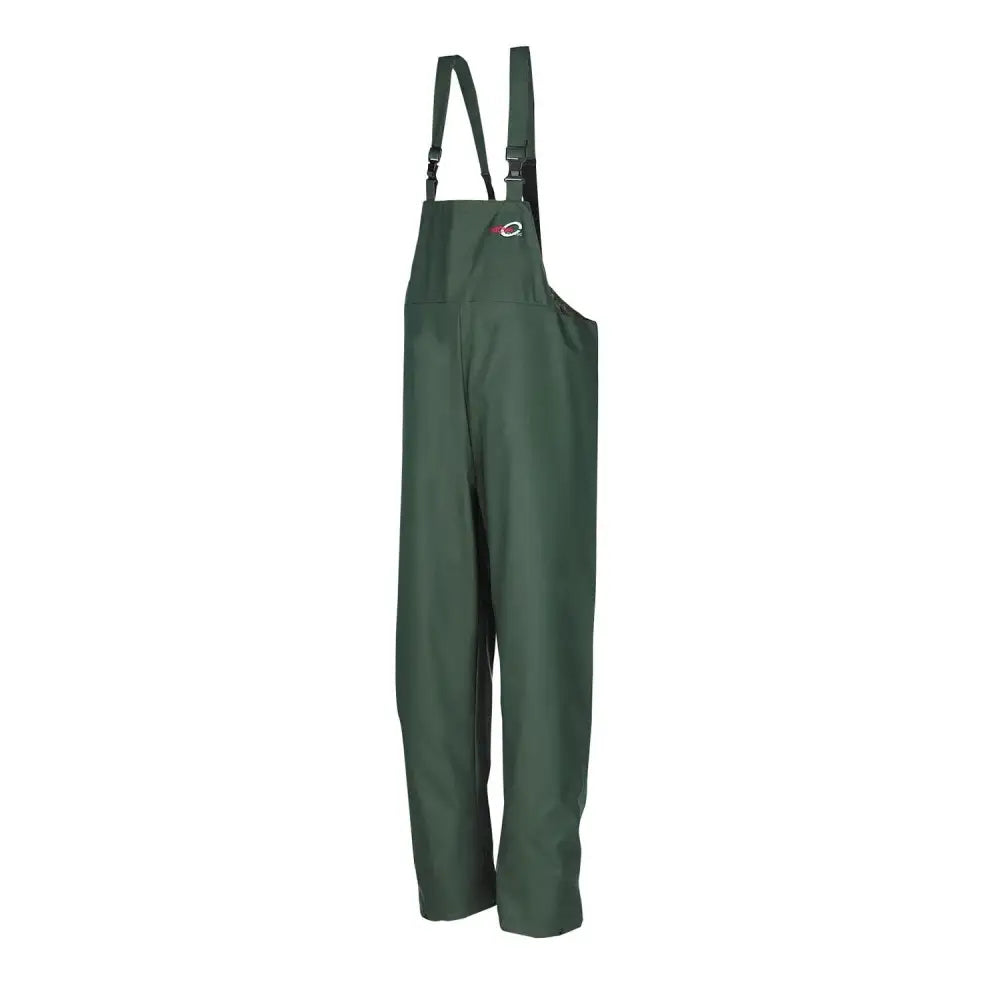 Dark green flexothane classic louisiana bib waterproof overalls with adjustable shoulder straps and chest logo