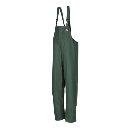 Dark green flexothane classic louisiana bib waterproof overalls with adjustable shoulder straps and chest logo