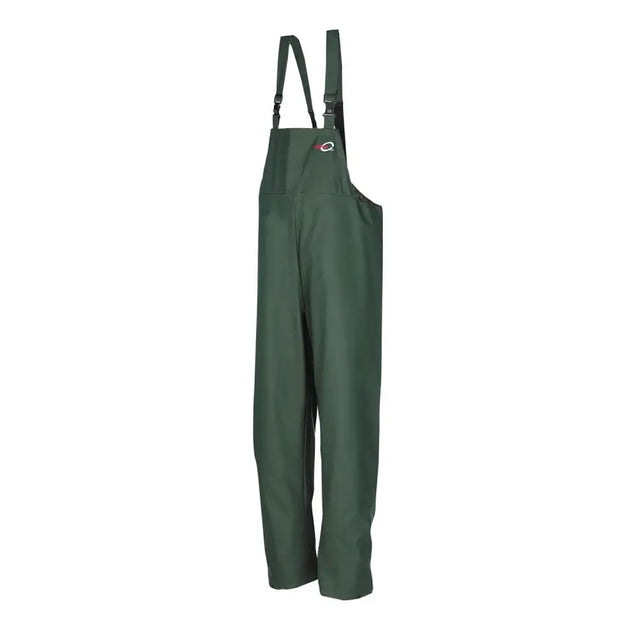 Dark green flexothane classic louisiana bib waterproof overalls with adjustable shoulder straps and chest logo