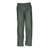 Dark green flexothane classic rotterdam trousers with elastic waist and subtle logo on thigh for rainy days
