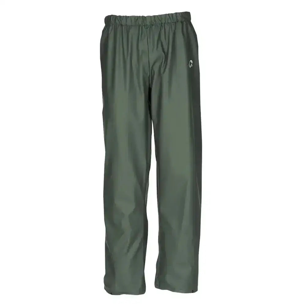 Dark green waterproof flexothane classic rotterdam trousers with elastic waistband and white logo on upper right leg