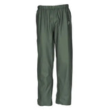 Dark green waterproof flexothane classic rotterdam trousers with elastic waistband and white logo on upper right leg