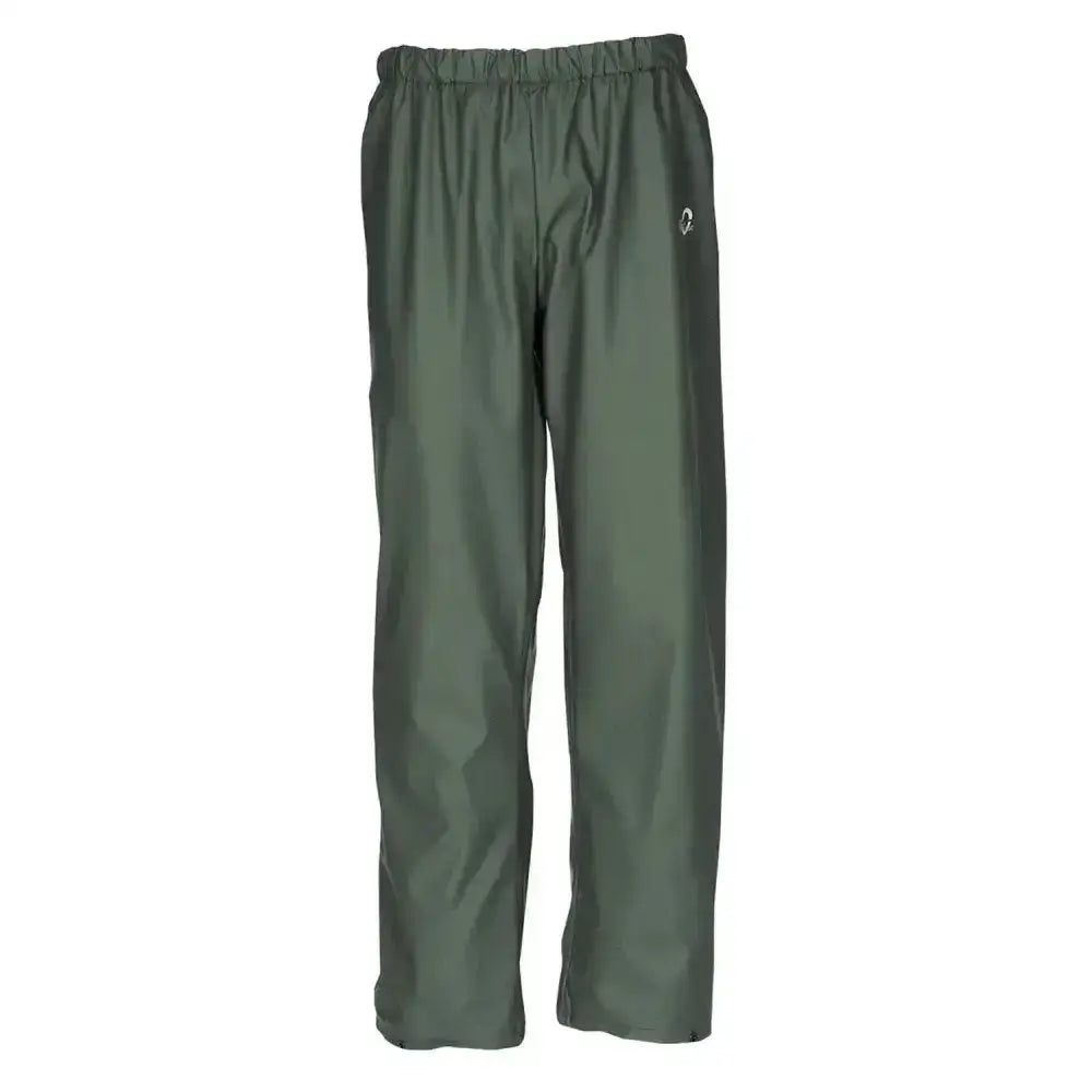 Dark green flexothane classic rotterdam trousers with elastic waistband and white logo on upper right leg water-resistant