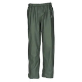 Dark green flexothane classic rotterdam trousers with elastic waistband and white logo on upper right leg water-resistant