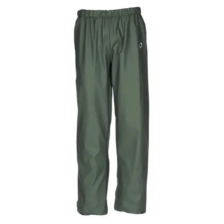Dark green flexothane classic rotterdam trousers with elastic waistband and white logo on upper right leg water-resistant