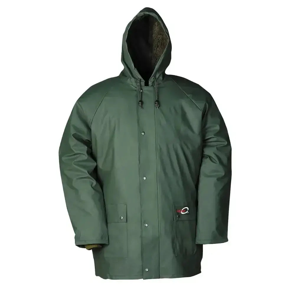 Dark green flexothane essential dover jacket olive with hood front button closure and two side pockets waterproof raincoat