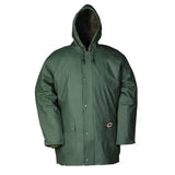 Dark green waterproof flexothane essential dover jacket with hood, front buttons, and side pockets for outdoor use