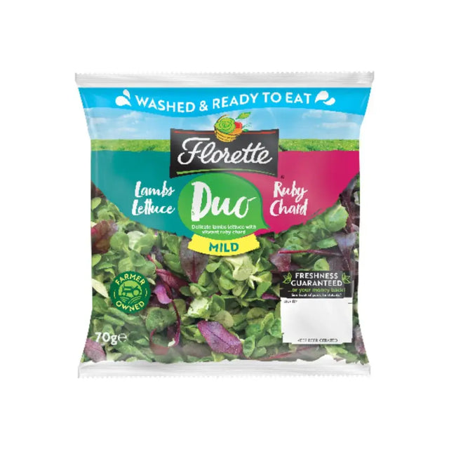 A vibrant 70g florette lambs lettuce and red chard mixed leaf salad bag with bold green and pink packaging accents