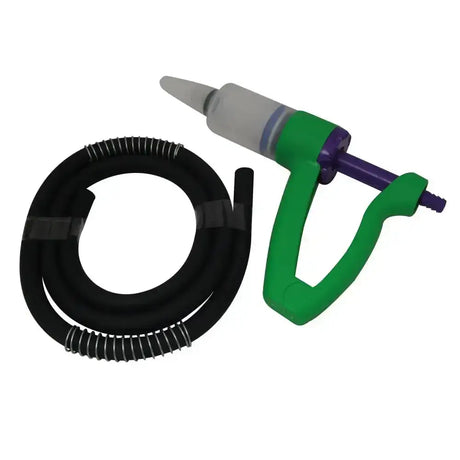 Green and purple handheld flypor pour-on gun with a coiled black hose for easy pour-on application