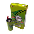 Green cylindrical flytak sticky classic mini fly-catcher with red string handle and black top for trapping flies