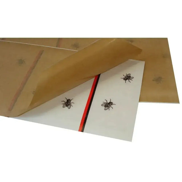 Flytak sticky fly white adhesive flypaper with black insect illustrations and red stripe on brown paper plastic flow pack