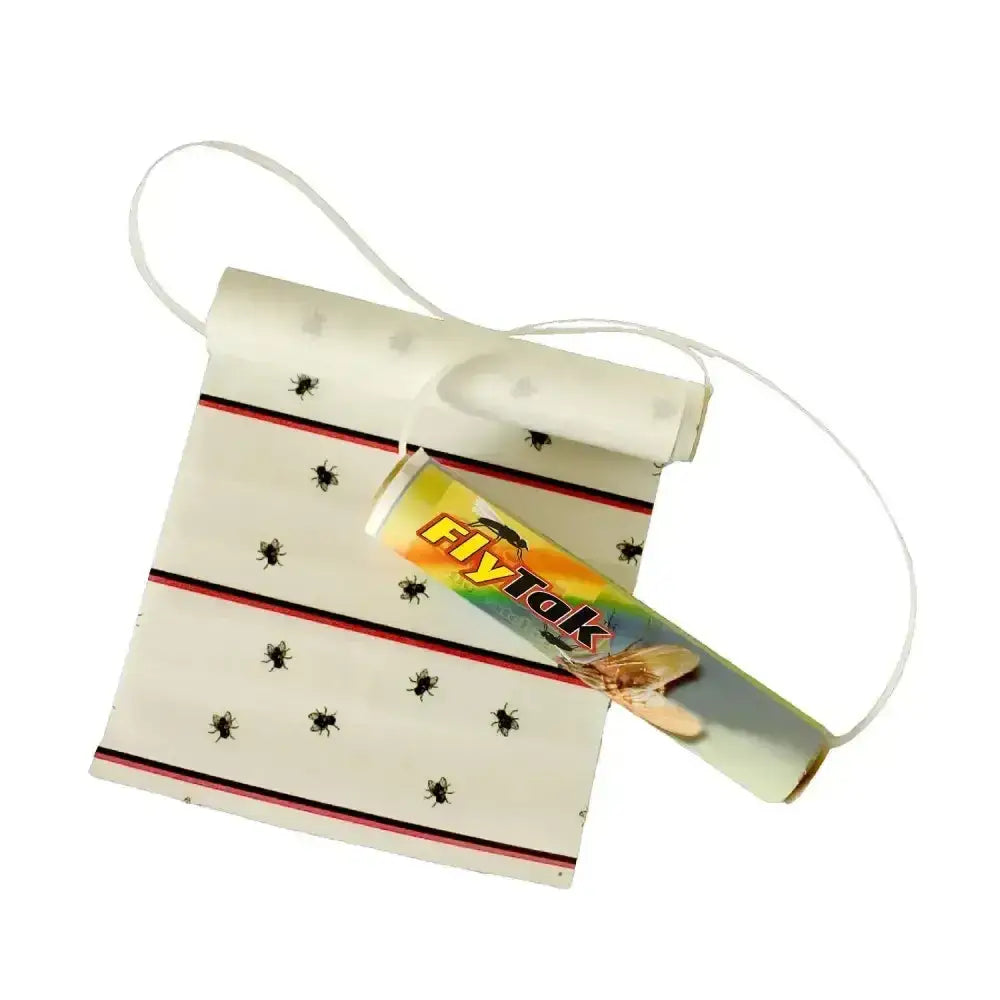 Flytak sticky fly roll mini with white adhesive strip black insect patterns red stripes in branded cylindrical container