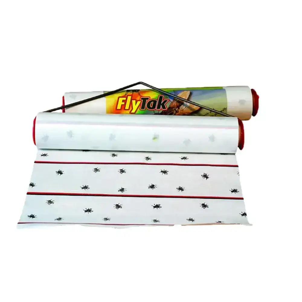 White flytak sticky fly roll xl with black insect patterns and red stripes for effective fly trapping
