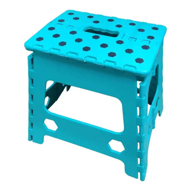 Foldable step stool in mint green plastic with hexagonal cutouts and handle for a lightweight foldable stable design