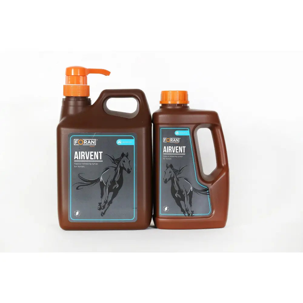 Two brown plastic bottles of foran airvent syrup natural cleaning soap with pump and screw cap for clear airways and daily vitamins