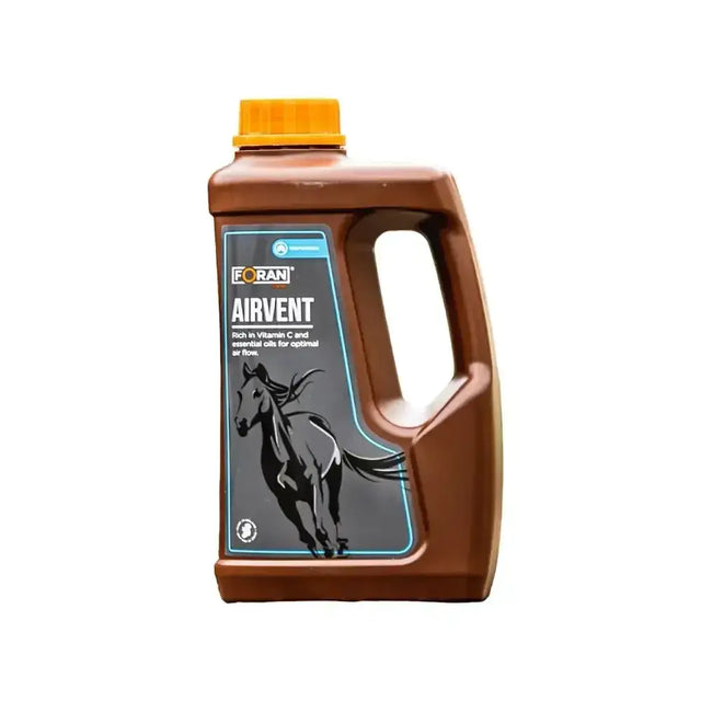 Brown plastic foran equine airvent bottle with orange cap and black horse silhouette label for vapour releasing syrup