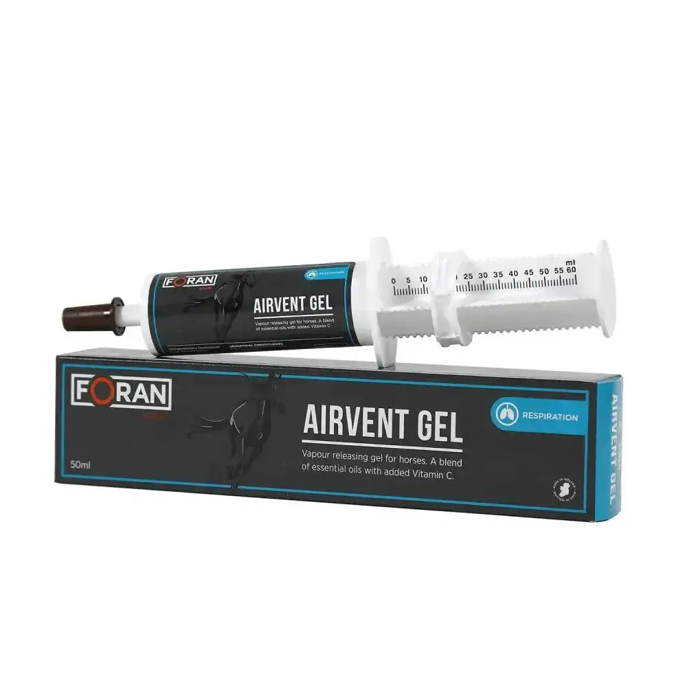 Foran equine airvent gel in a white and black syringe tube with measurement markings for easy dosing of vapour gel