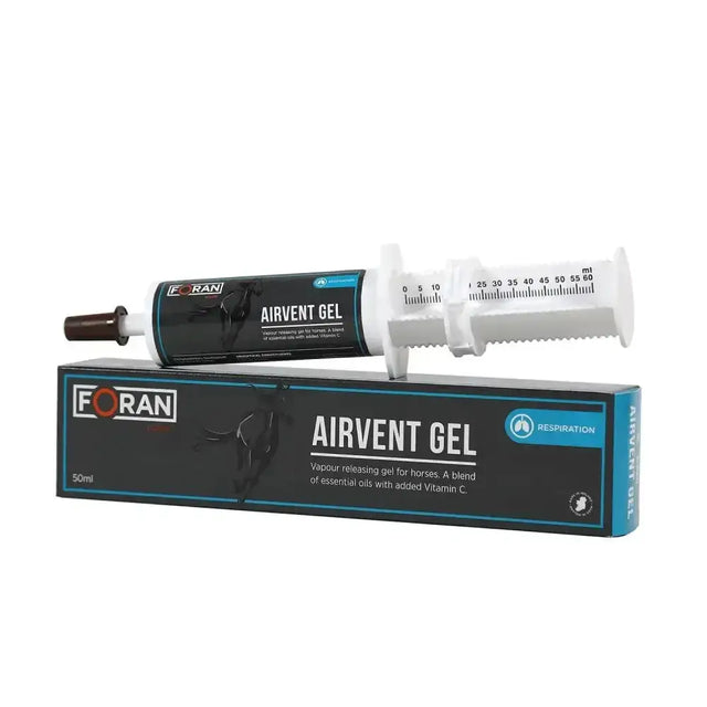 Foran equine airvent gel in a white and black syringe tube with measurement markings for easy dosing of vapour gel