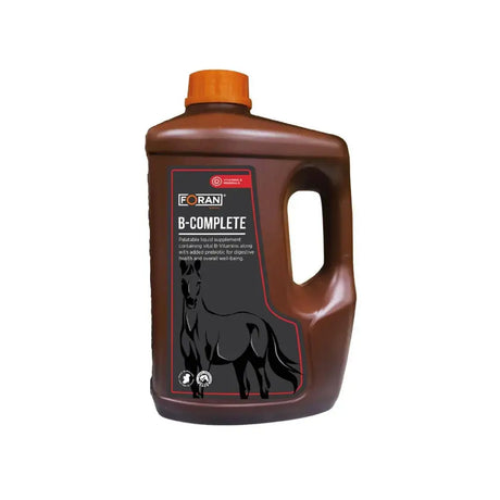 Brown plastic bottle with orange cap labeled foran equine b-complete featuring b-vitamins foran equine and added prebiotic