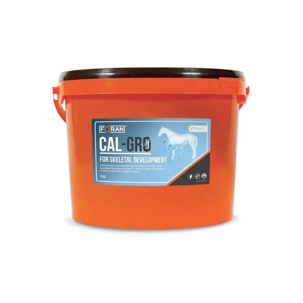 Orange plastic bucket with black lid and handles labeled foran equine cal-gro pellets for skeletal development