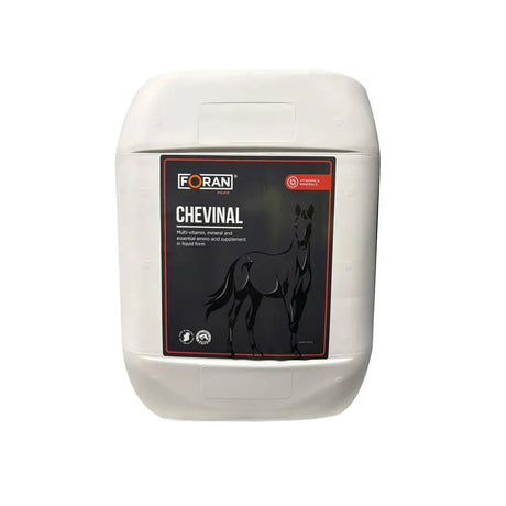 White plastic container of Foran equine chevinal liquid multivitamin and amino acid supplement for horses