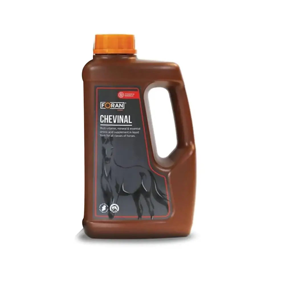 Brown plastic bottle with orange cap and black horse label for foran equine chevinal liquid multivitamin supplement