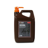 Brown plastic jug with orange pump dispenser labeled foran equine chevinal liquid multivitamin amino acid supplement