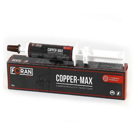 Foran equine copper-max paste 30g tube in white and brown packaging for horse hoof supplements and copper boost