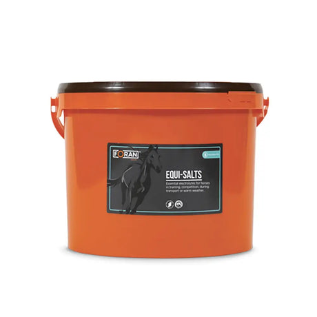 Orange plastic bucket with black lid and handle labeled foran equi-salts balanced electrolytes for foran equine